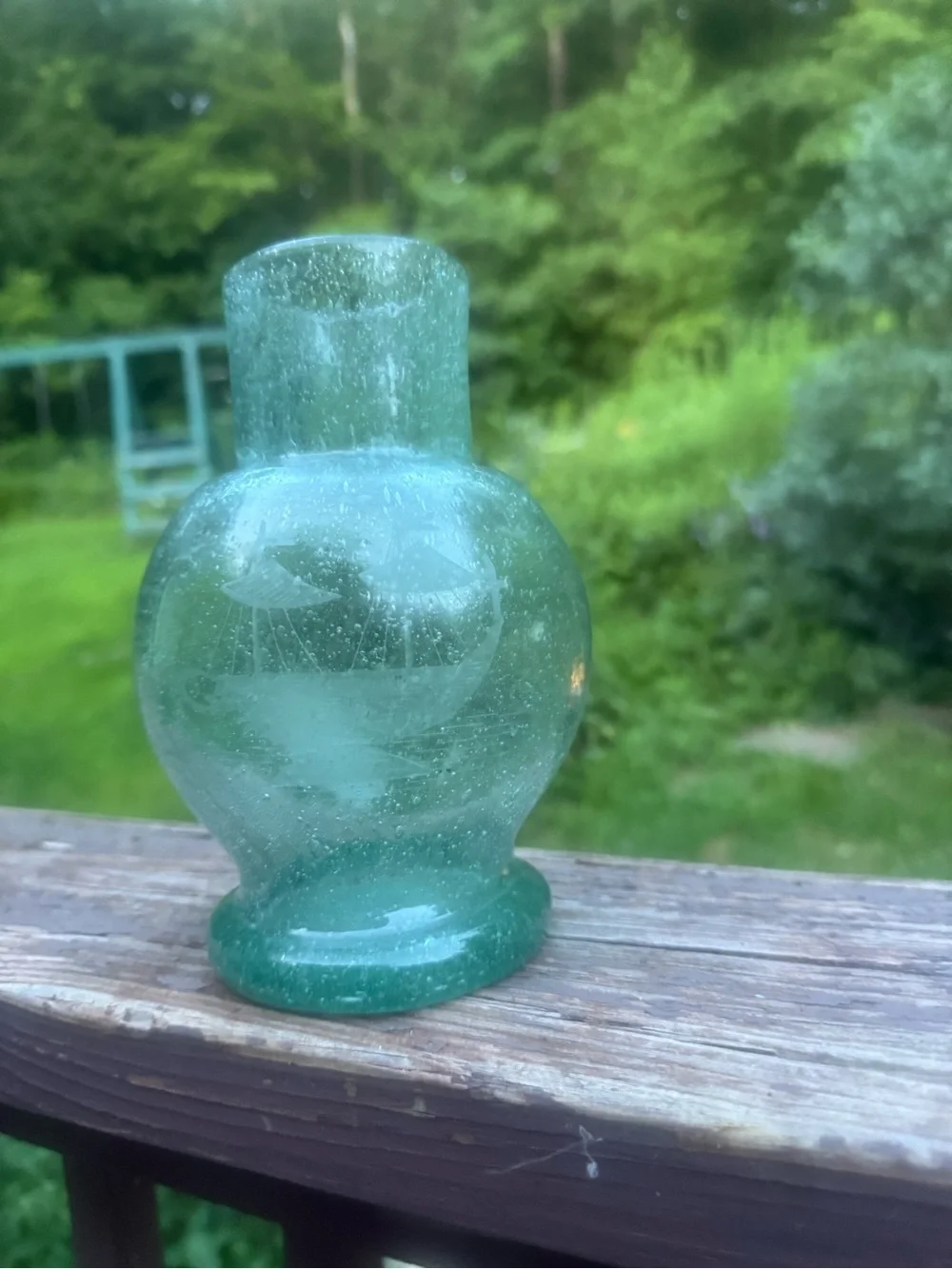 Aqua bubble glass handblown vase with boat etching very rare HTF EUC